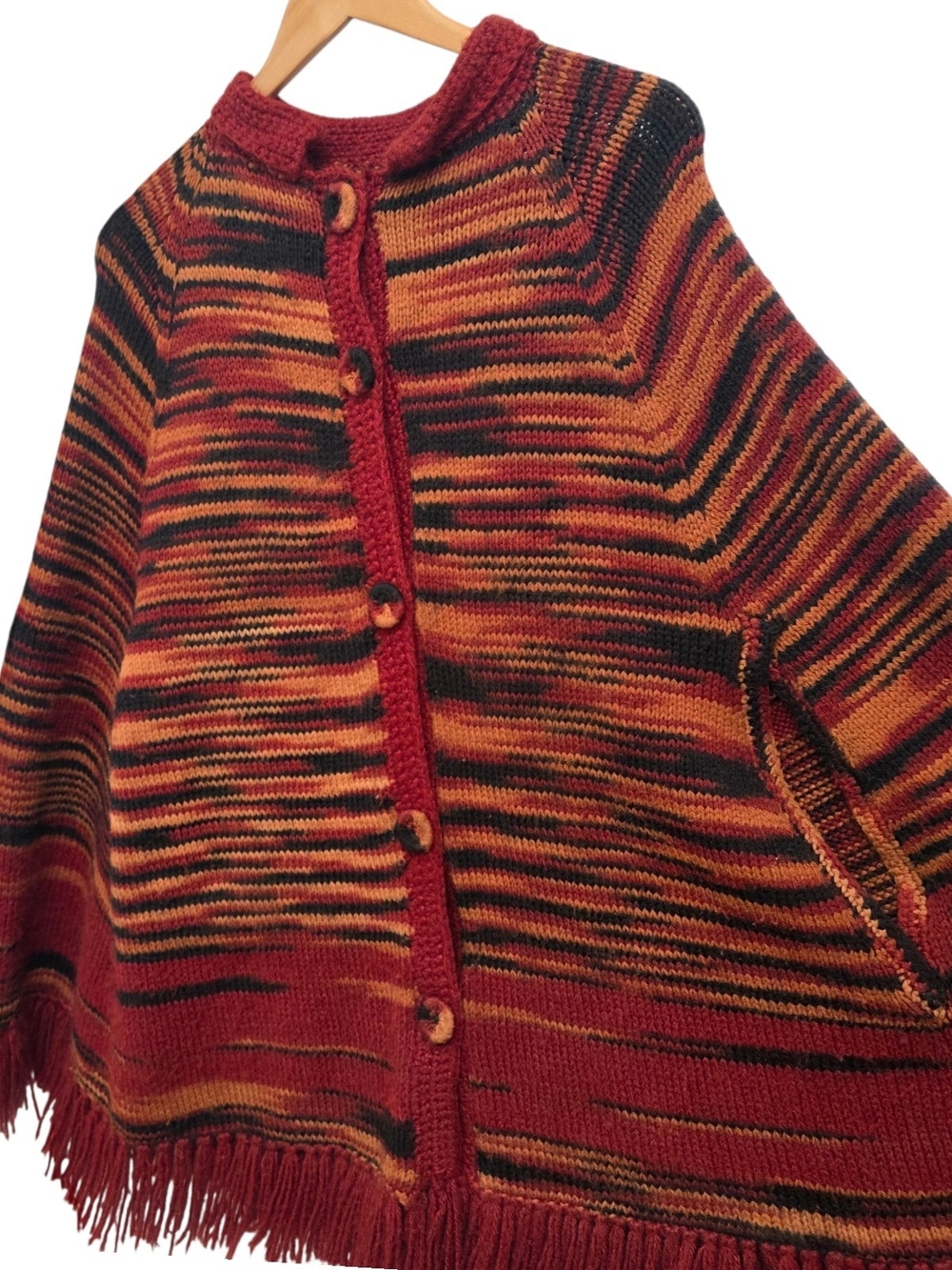 Vintage 70s Boho Fringed Knit Button Up Poncho Cape Rust Orange Earth Tone OS